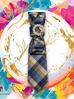 Boutique Custom Plaid Pre-Tied Necktie Set with Interchangeable Straps & Brooch